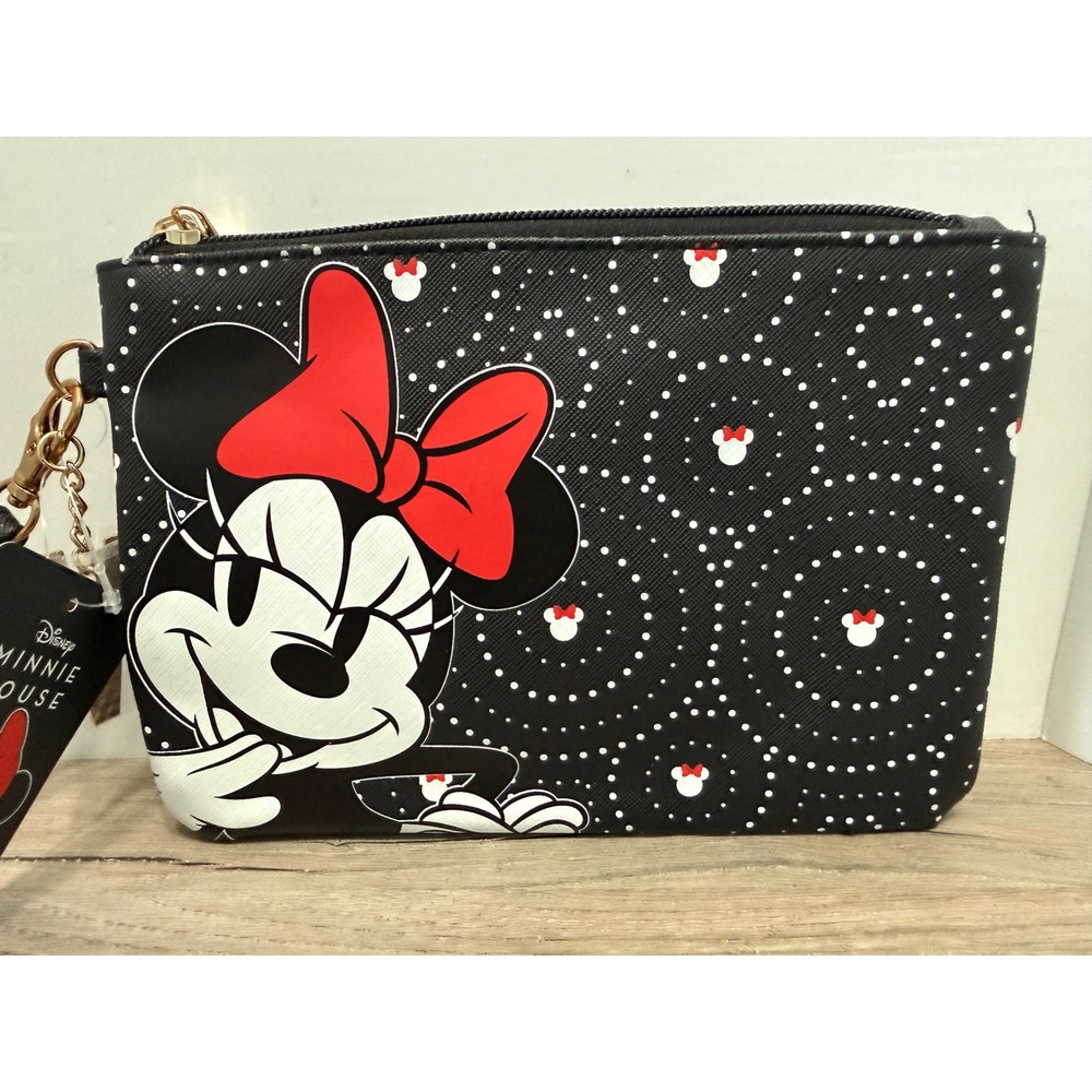 Disney Minnie Mouse Wristlet Pouch Bioworld Black Polka Dot Initial M Charm NEW - Picture 2 of 8